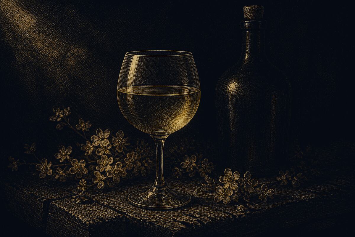 An engraving of a glass of mead beside a corked bottle.
