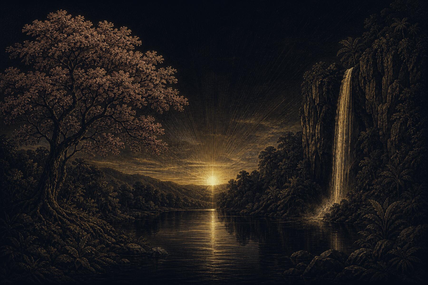A Paraguayan river valley at dawn: a lapacho tree in bloom, a waterfall, and the river reflecting the sun.