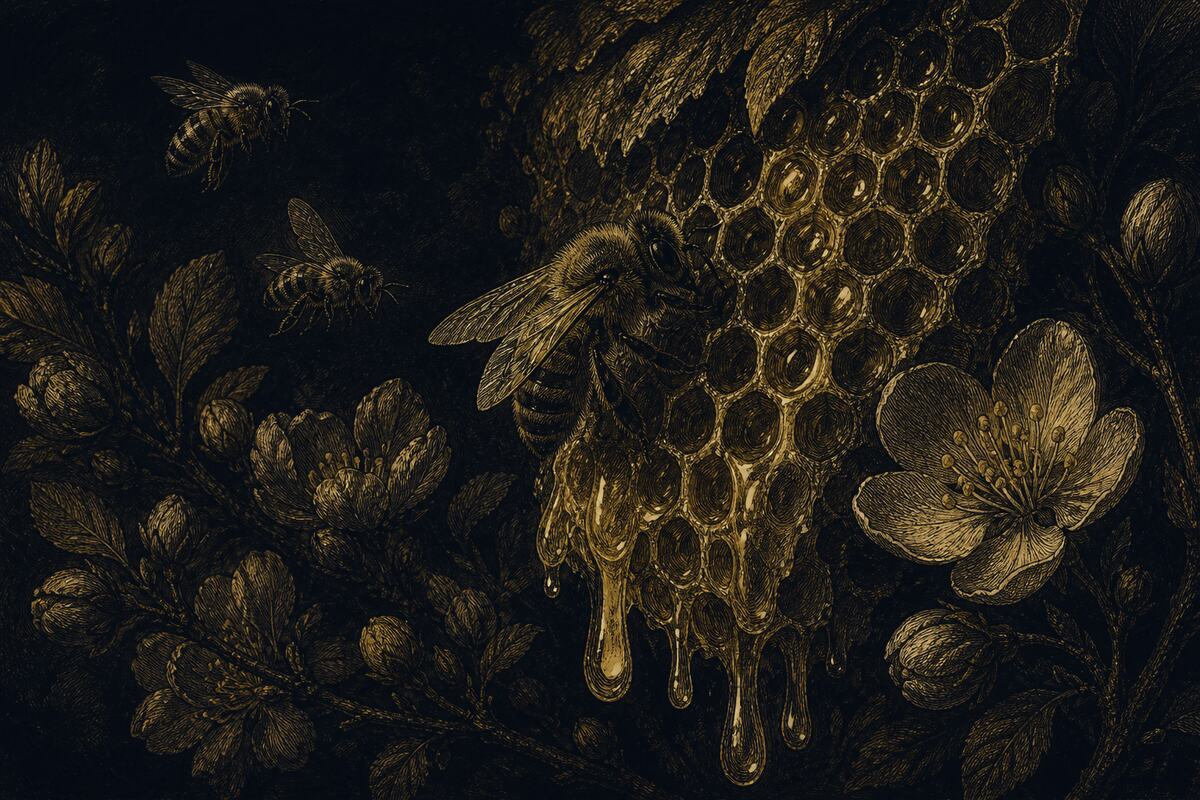An engraving of a honeybee on a comb dripping with honey, among blossoms.