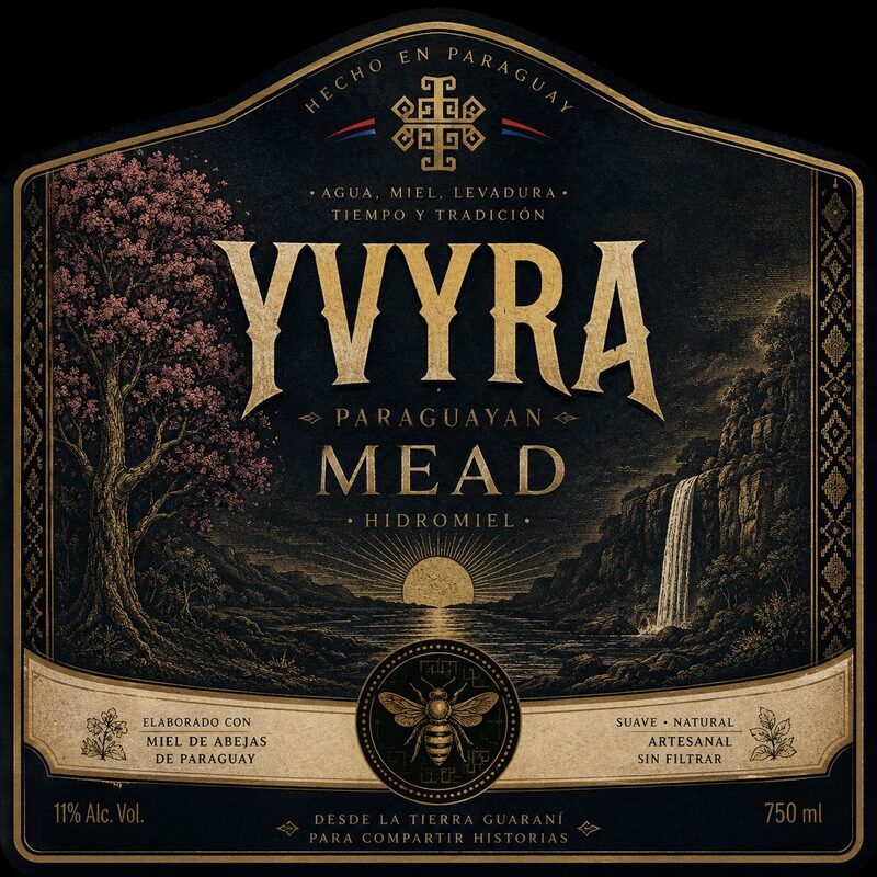 The Yvyra mead label: an engraving of a lapacho tree in bloom and a waterfall, with the bee emblem.