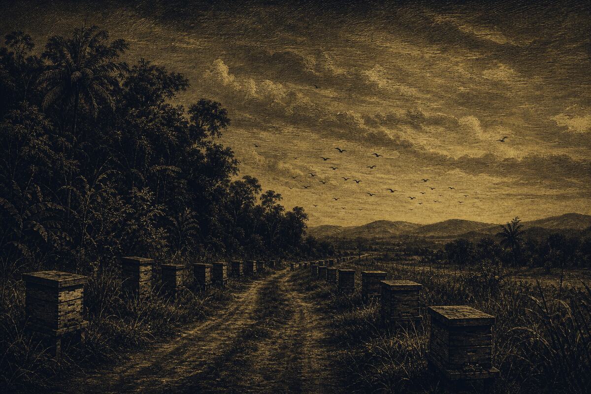 An engraving of a dirt road between rows of beehives at the forest edge.