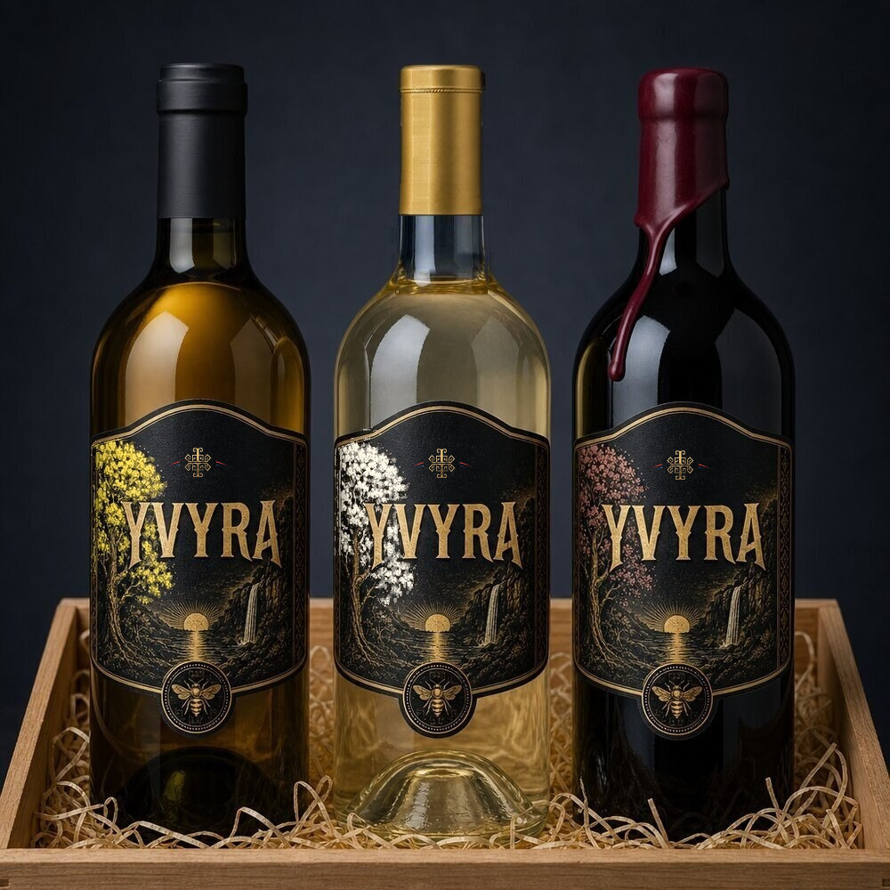 Caja de madera con las tres botellas de Yvyra.